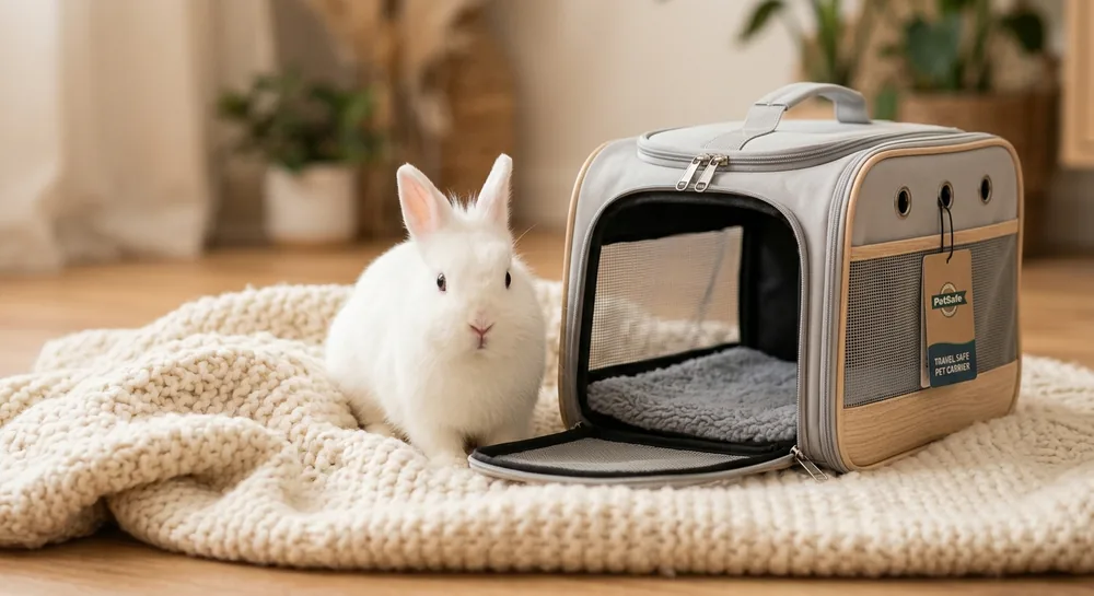 Mały zwierzak w bezpiecznym transporterze podczas podróży samochodem