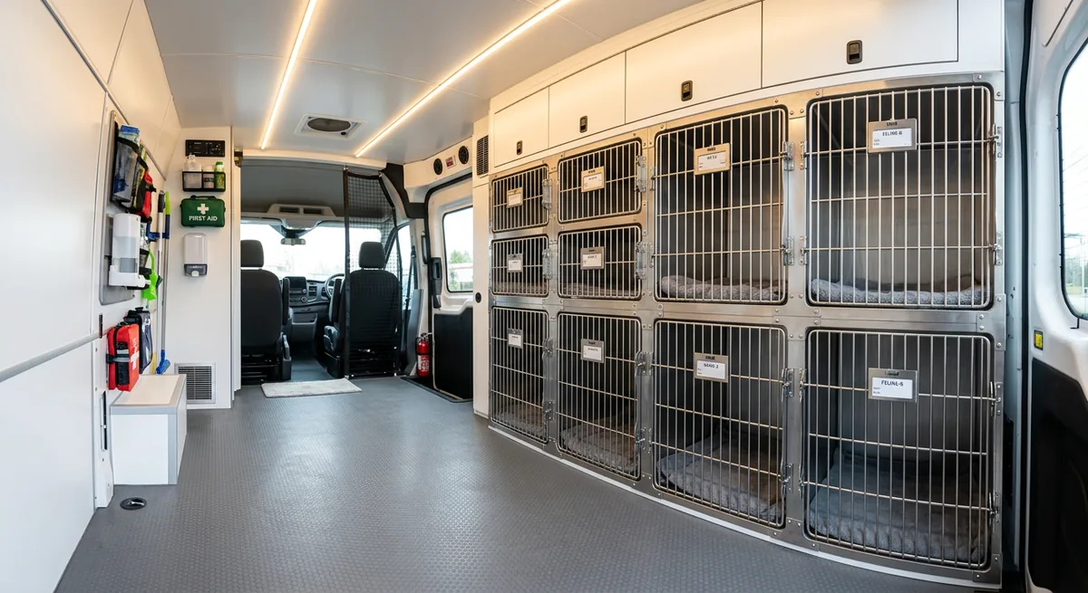 Wnętrze samochodu transportowego z bezpiecznymi transporterami dla zwierząt